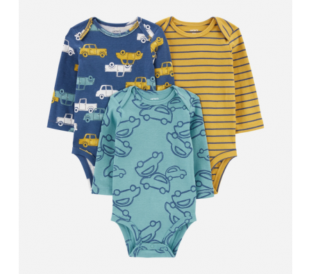 Carters Pack 3 Bodys MangasLargas Rayas Autos 12M