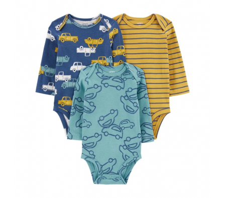 Carters Pack 3 Bodys MangasLargas a Rayas Auto 18M