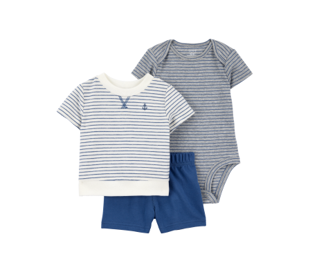 Carters Set Short + Remera y Body a Rayas NB