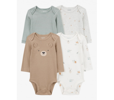 Carters Pack 4 Bodies Mangas Largas Oso NB