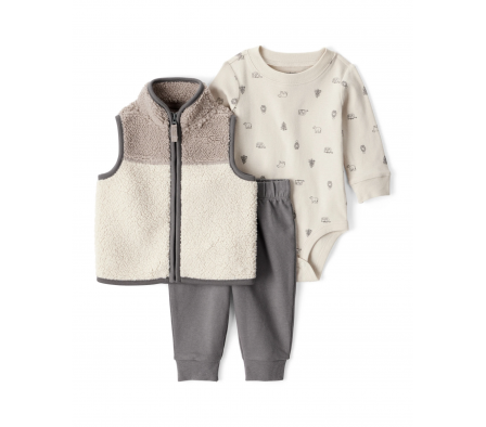 Carters Set Chal Sherpa, Pantalon y Body Oso NB