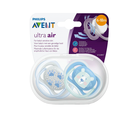 Avent Chupete UltrAir 6-18M Animals Azul-Gris 2Un 